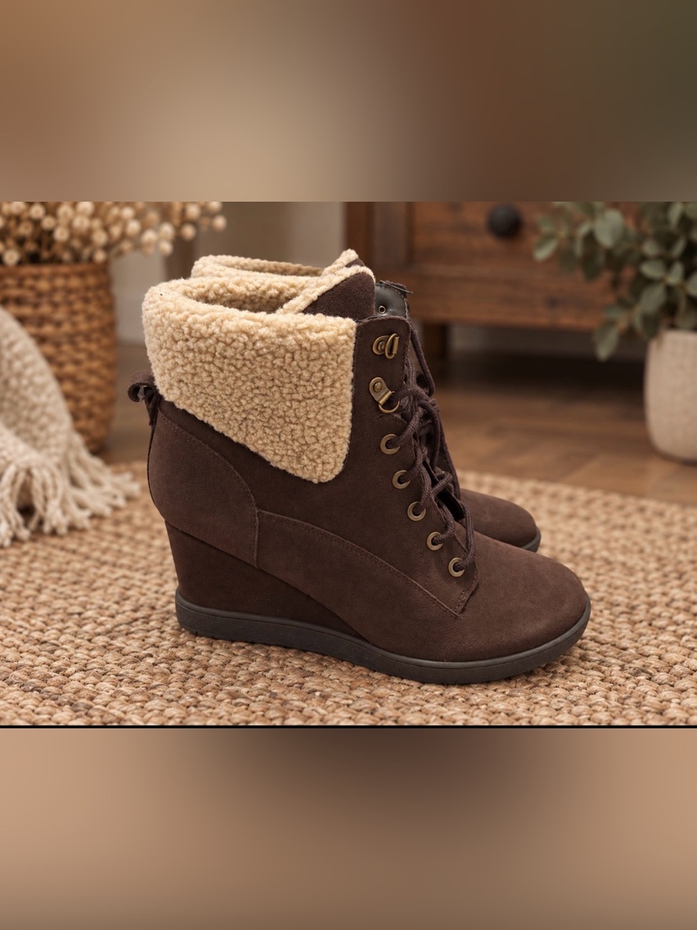 Wedge Lace-Up Ankle Boots with Sherpa Collar - Brown